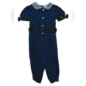 NWT Vintage Baby Girls Long Bubble Romper  Blue Green Plaid Eyelet Lace Ruffle 3